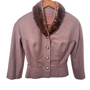 Vintage Roth-Le Cover Wool Jacket Mink Collar Brown Fitted Cropped Approx Sz 6